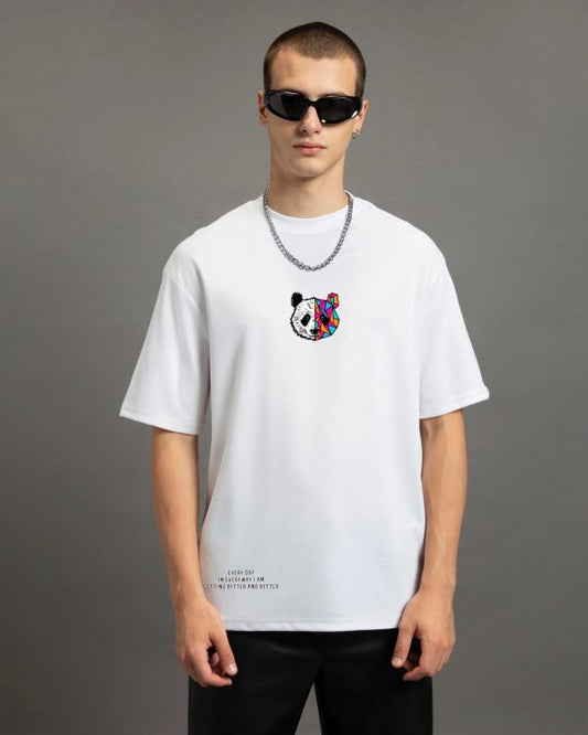 White Groovy Panda Graphic Printed Over-sized T-shirt